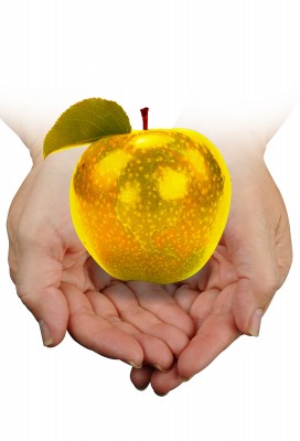 Manzana de oro entre las manos de una mujer
