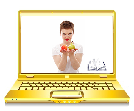 chica con pera y manzana en pantalla